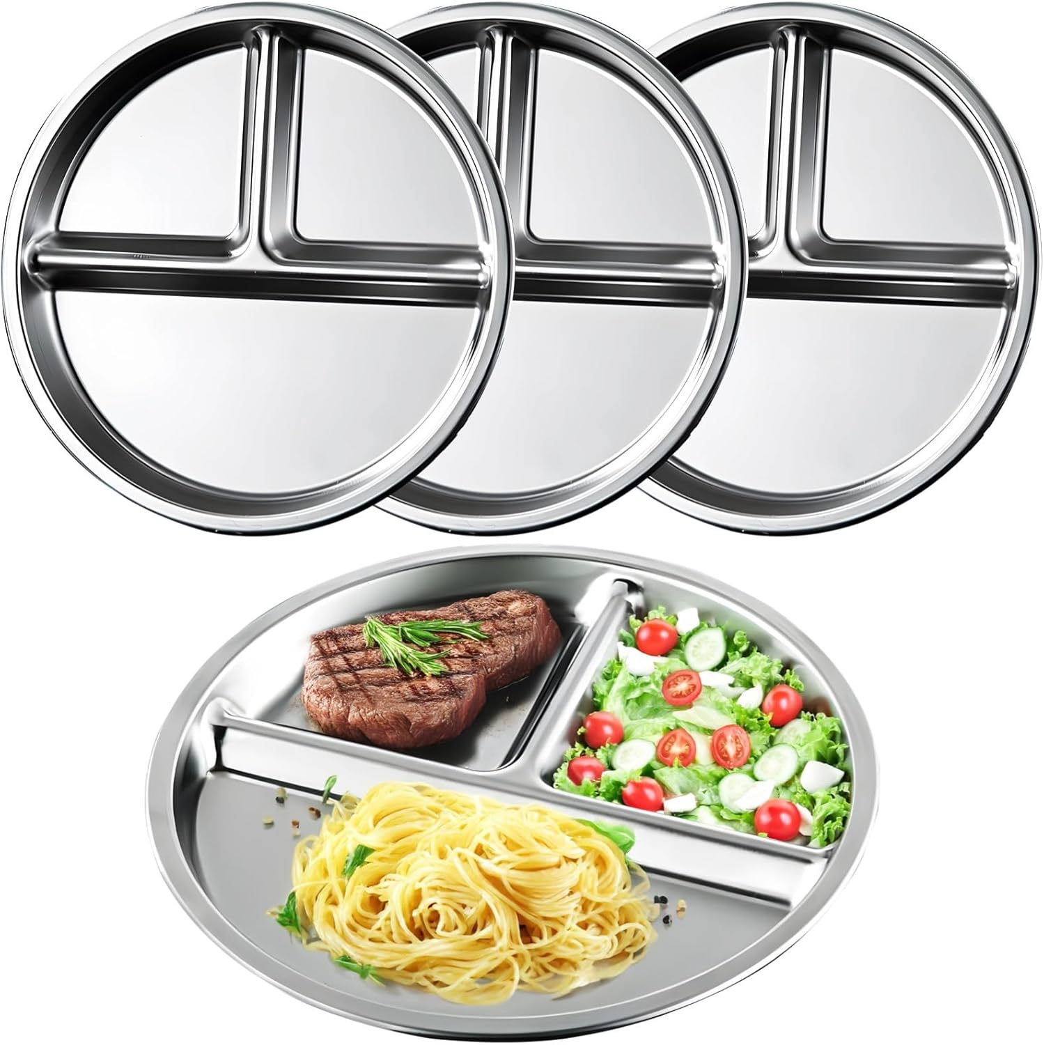 Set of 4 Stainless Steel Divided Plates, 3-Section Round Portion Control Plates for Camping, Picnic & Home Use