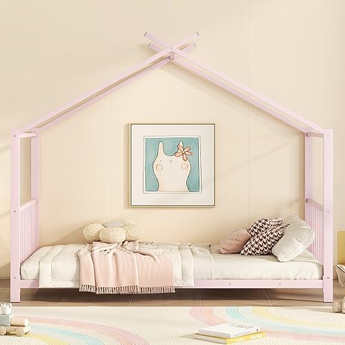 Miniatura 71 de Cama de casa de tamaño individual con diseño de valla y techo, marco de cama de metal, marco de cama de piso doble, base de cama Montessori de Color