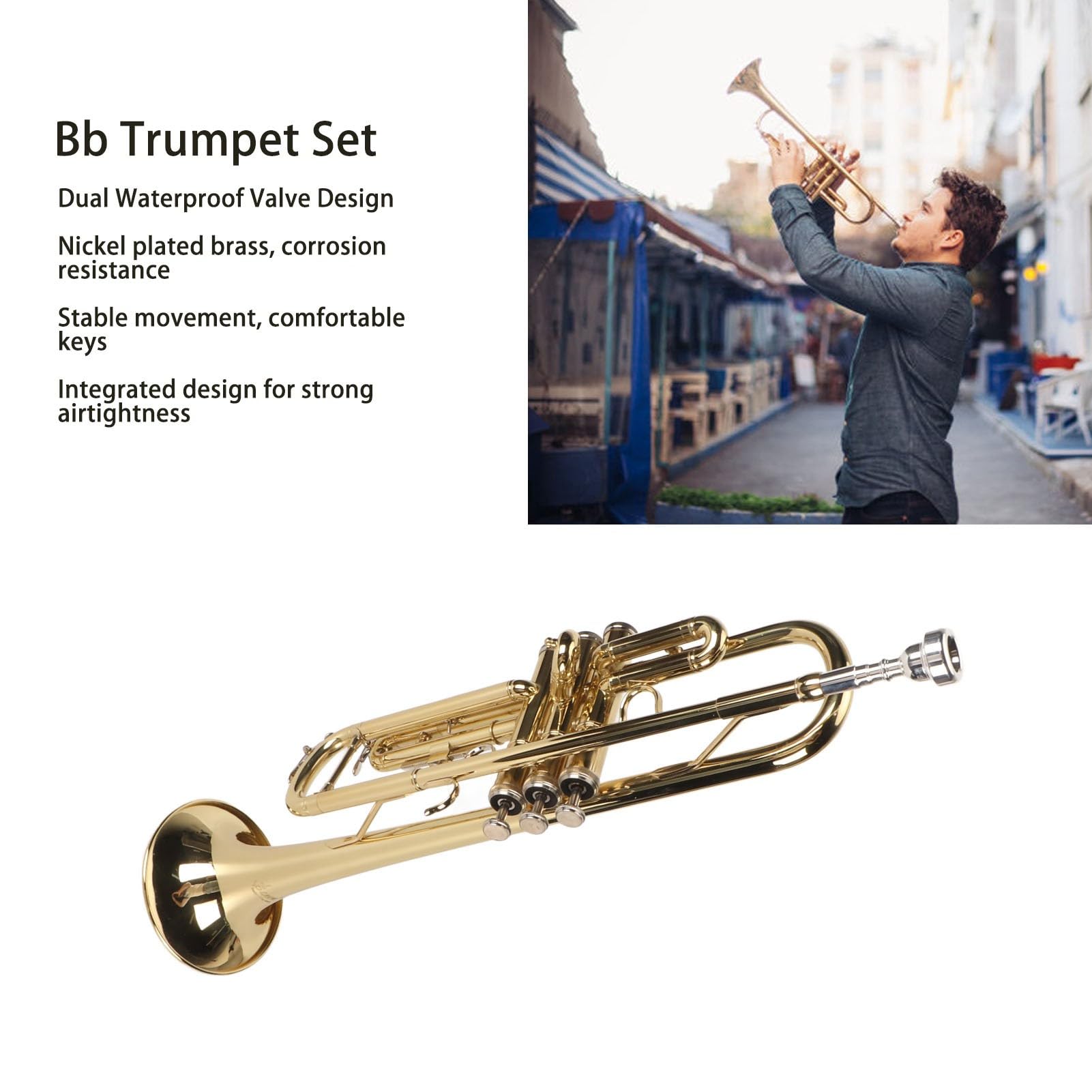 Juego de Trompeta Bb Estándar, Trompeta de Latón Niquelado con Boquilla, Instrumento de Viento para Estudiantes Principiantes (GOLD)