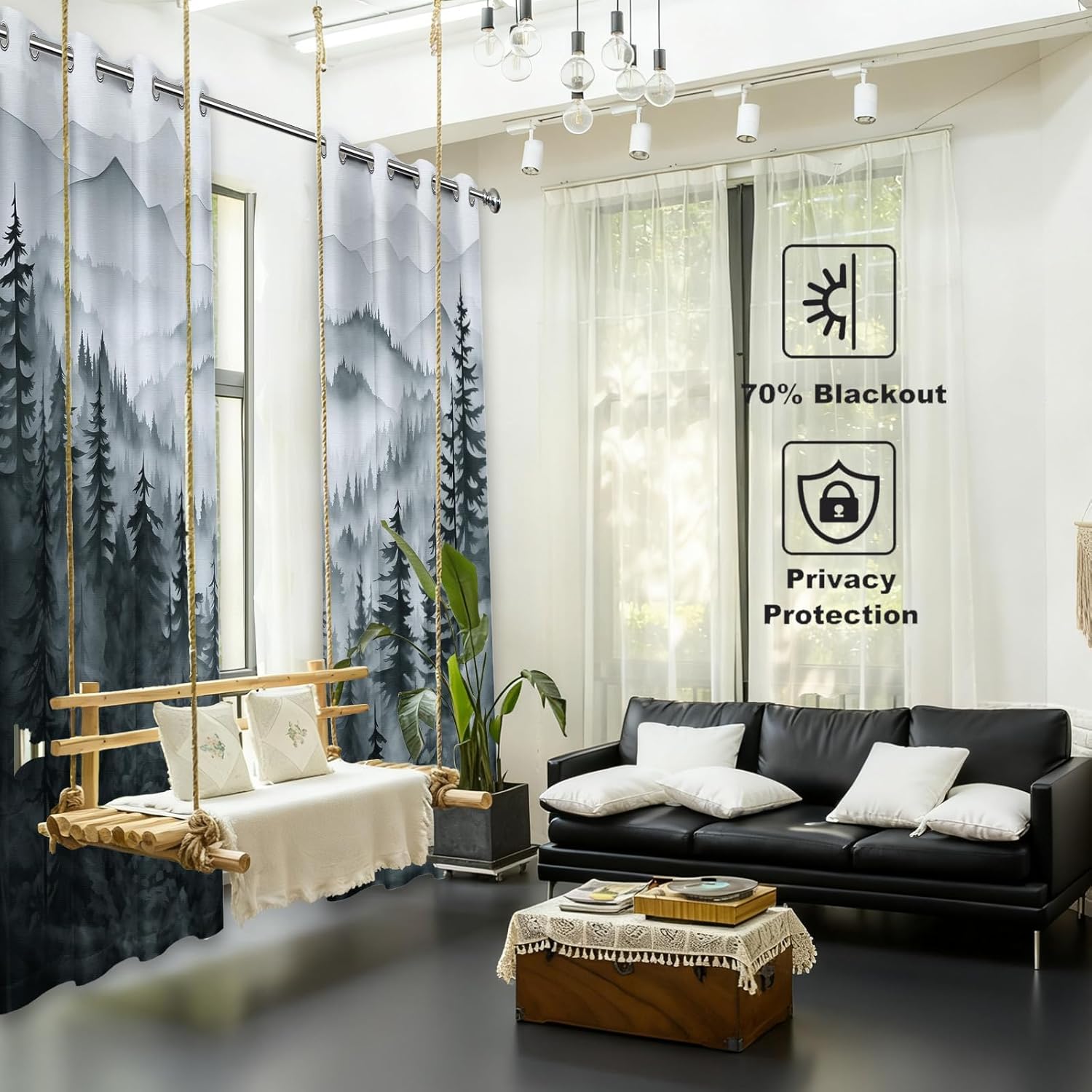Grey Forest Blackout Curtains, Cool Black and White Gray Window Drapes for Mens Bedroom Living Room, 96 inch Length 2 Panels Set，52x96in