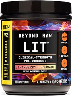 BEYOND RAW LIT V2 Clinical Strength Pre Workout Powder, Hits Harder, Bigger Pumps, Caffeine, L-Citrulline, Creatine, Strawberry Lemonade, 30 Servings