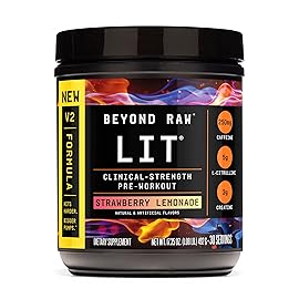 BEYOND RAW LIT V2 Clinical Strength Pre Workout Powder, Hits Harder, Bigger Pumps, Caffeine, L-Citrulline, Creatine, Strawberry Lemonade, 30 Servings