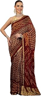 KISHORI Womens Bandhani Silk Bandhej Tie-Dye Zari Weaving Saree and Unstitched Blouse Piece (Maroon) Price In India