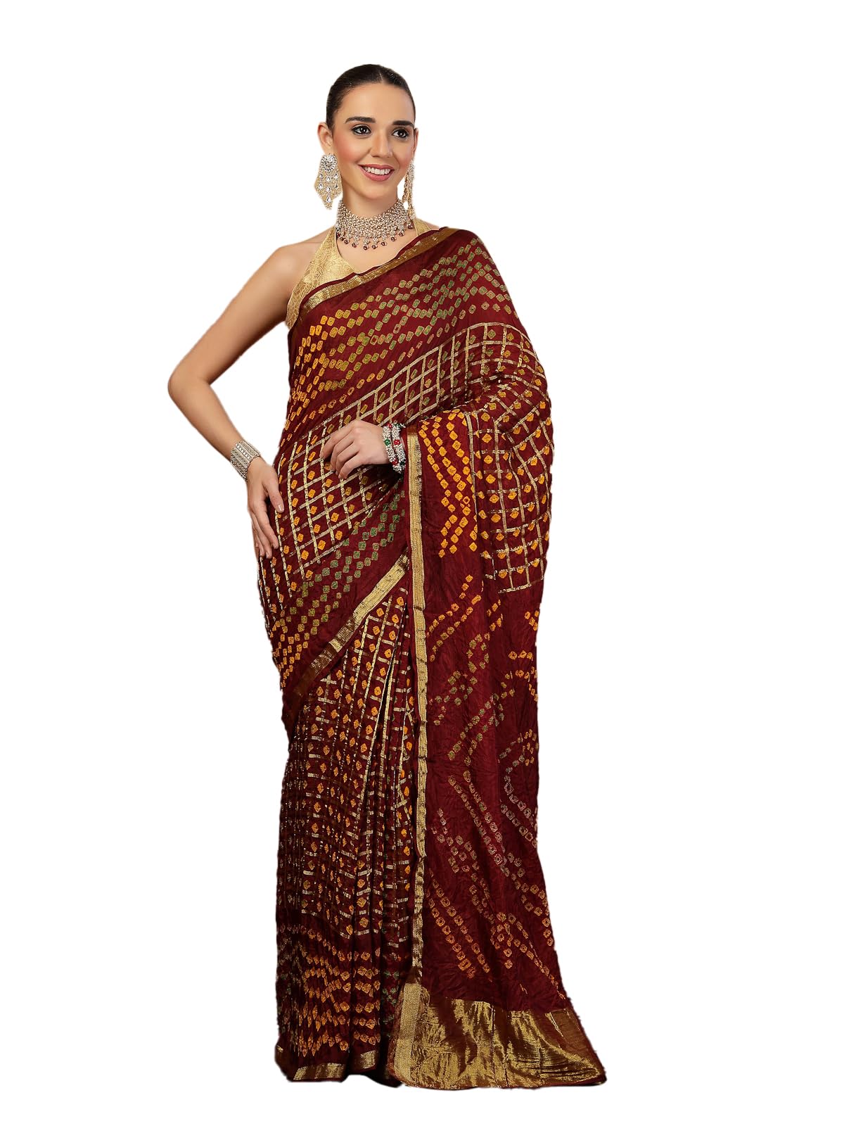Womens Bandhani Silk Bandhej Tie-Dye Zari Weaving Saree and Unstitched Blouse Piece (Maroon)-image-25