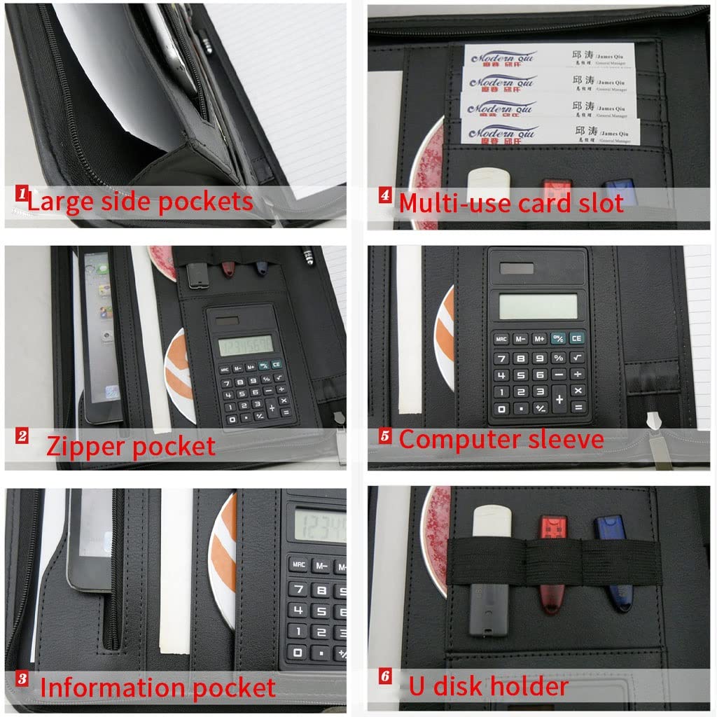 Teczka konferencyjna Organizer na dokumenty， Teczka A4 z schowkiem i miejscem do przechowywania, skórzana teczka z zamkiem błyskawicznym i kieszeniami na listy(8digit calculator)
