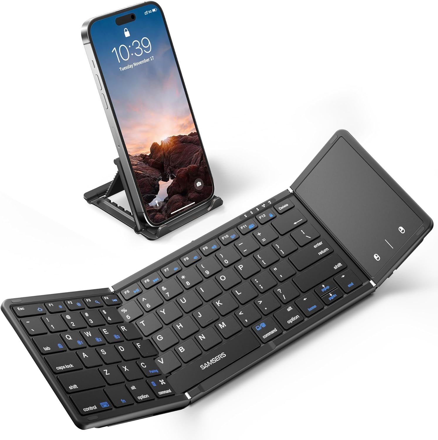 Samsers Foldable Bluetooth Keyboard with Touchpad, Full-Size Wireless Folding Portable Travel Keyboard for iOS Android Windows Mac OS, Support 3 Devices (BT5.1 x 3), Black Full-Size Refined Black