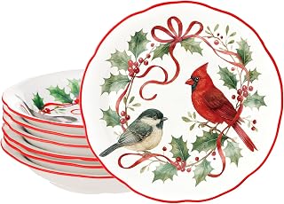 6 Pcs Christmas Salad Plates Set 8" Red Cardinal Birds Christmas Ceramic Dessert Appetizer Dinner Snacks Plates Decorative Winter Holiday Tableware Gift for Party Table Kitchen Decorations