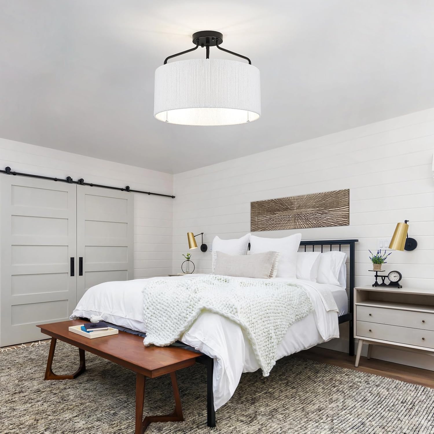 Rattan Black Ceiling Light Fixtures Flush Mount 3 Lights Boho Semi Flush Mount Ceiling Light with Shades White Drum Chandelier Close To Ceiling Light for Bedroom Living Room Kitchen Hallway Entryway