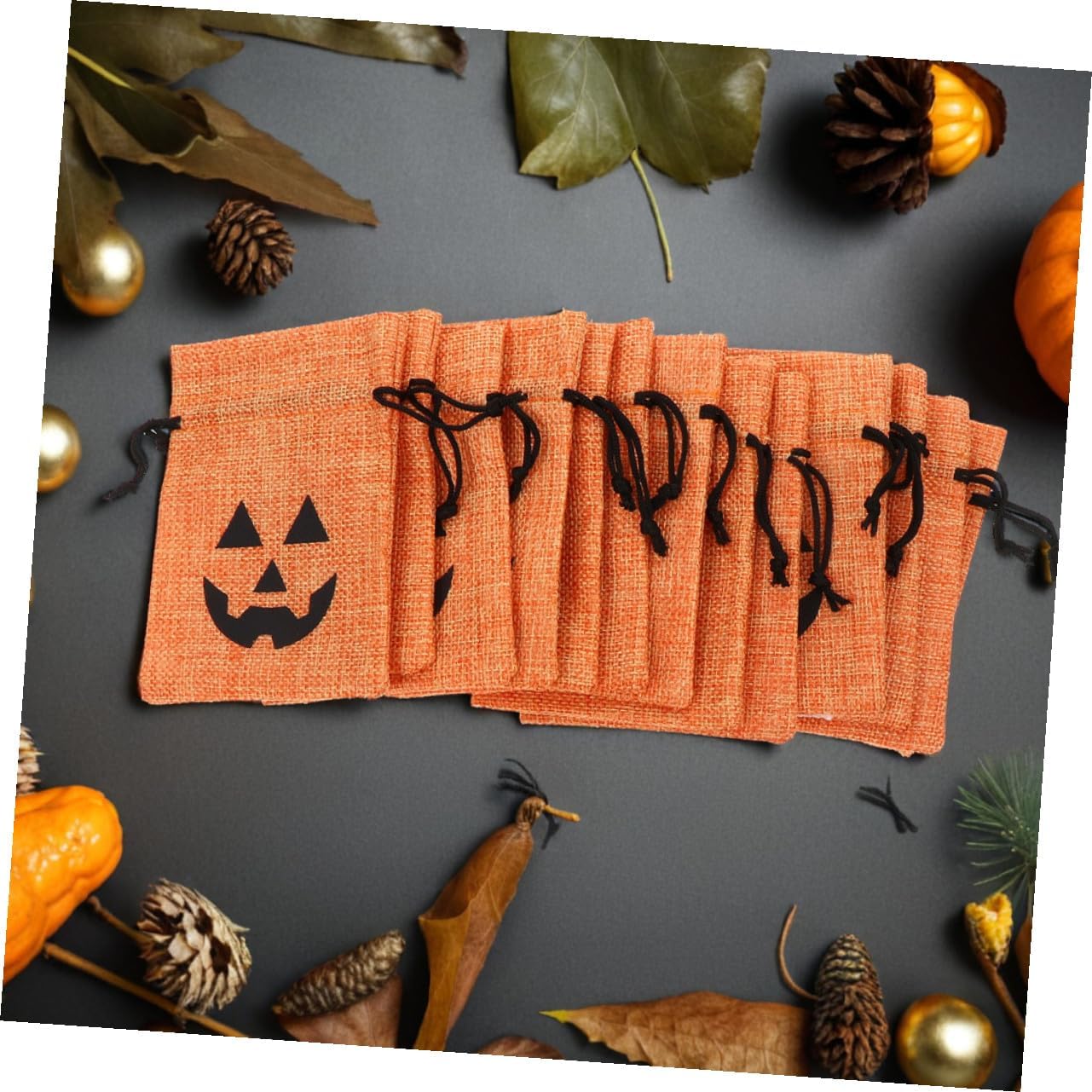 FUNOMOCYA 50pcs Halloween Drawstring Goodie Bags Small Orange Burlap Pumpkin Treat Bags for Candy Party Favors Halloween Packaging Wrapping Supplies and Adults