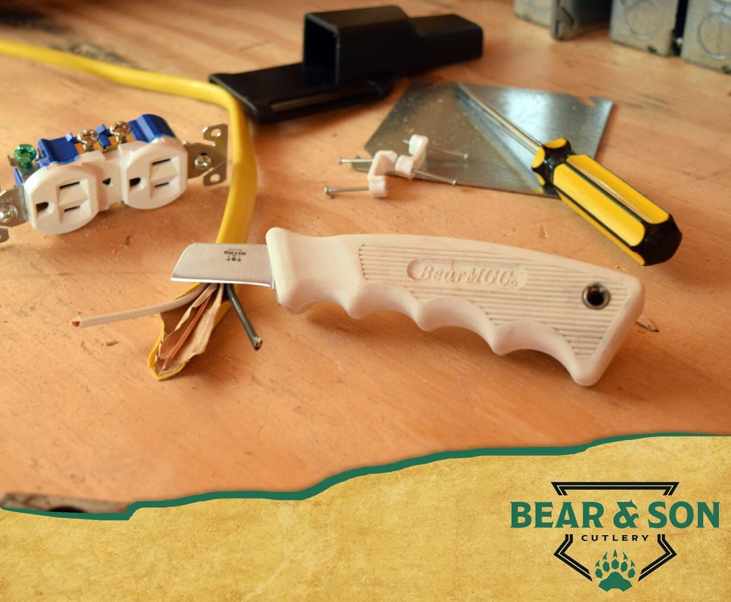 BEAR & SON 6.5" Fixed Blade Utility Knife with Sheath – High Carbon Stainless Steel Blade, White Kraton PowerGrip Handle – Compact Outdoor, Camping, Hunting, Survival, Bushcraft & EDC Knife Tool