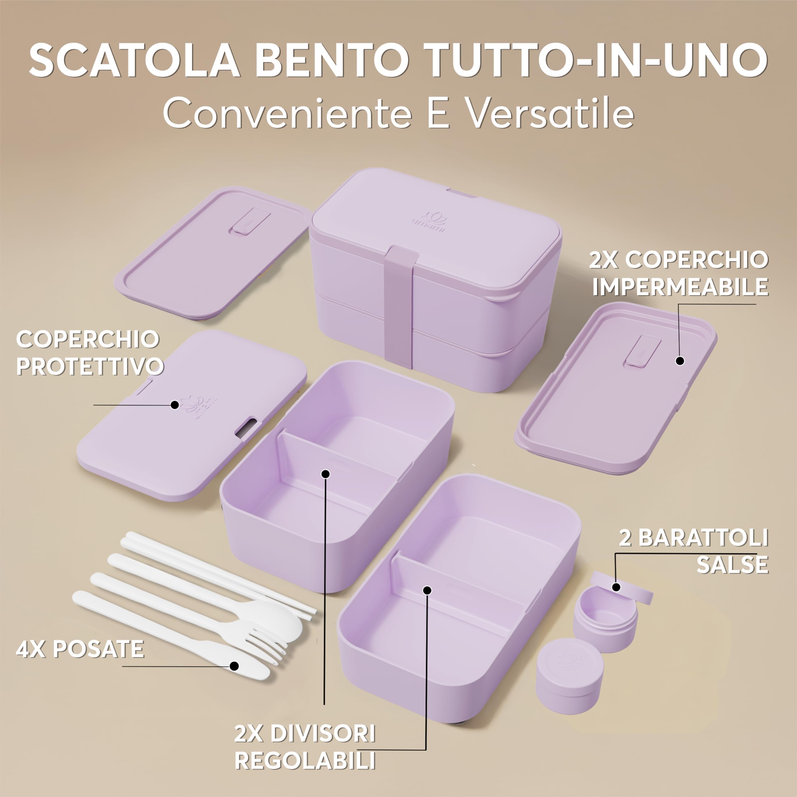Umami Porta Pranzo Adulti Ermetico, Bento Box con Scomparti e 4 Posate | 1500 ml, impilabile e componibile, microonde e lavastoviglie, ideale per ufficio, picnic, schiscetta Lavanda Viola