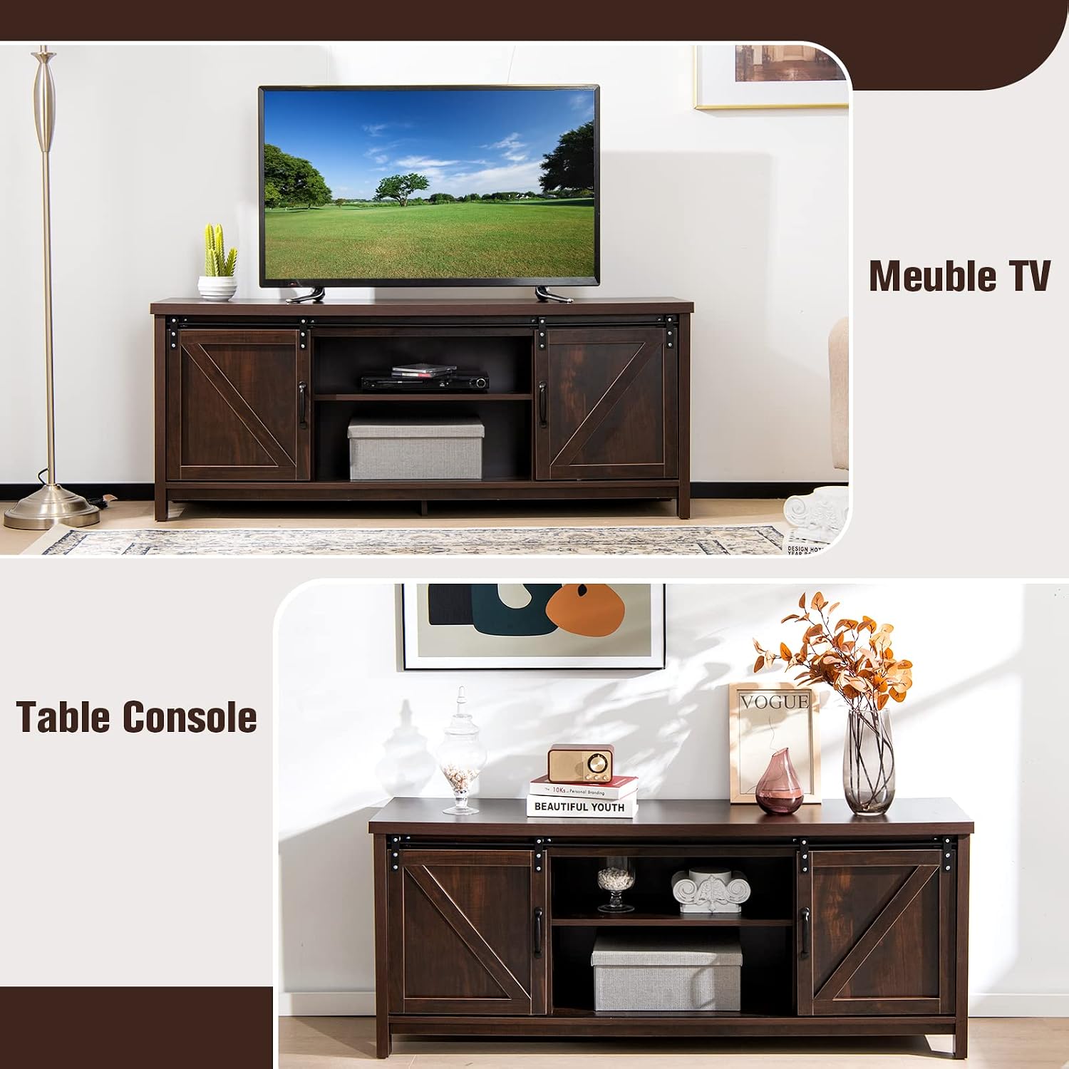 Meuble TV BTM Style Rustique - 150x40x78 Cm, 2 Portes Coulissantes, étagères Réglables - Support TV Jusqu'à 65" - 2