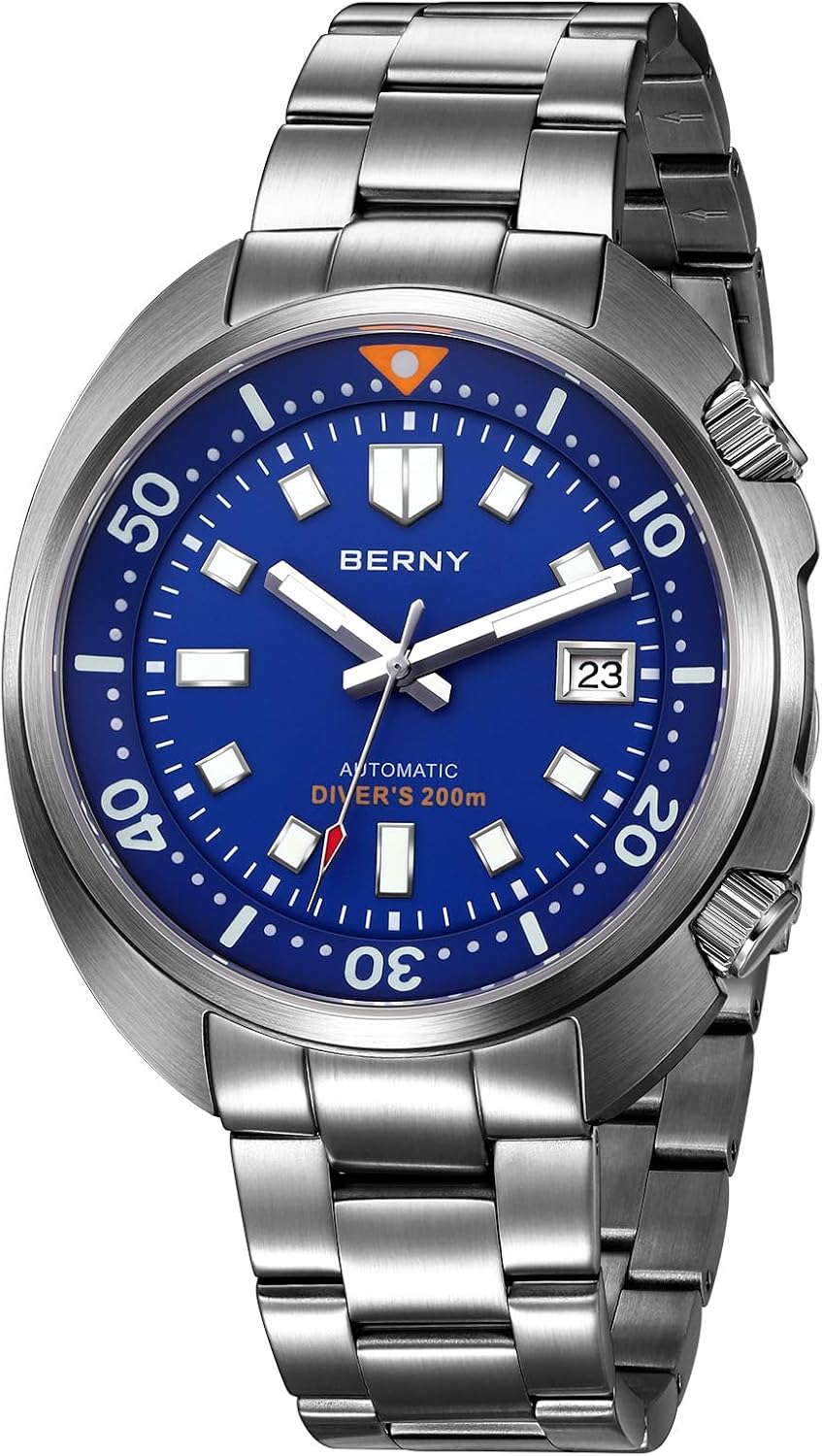 BERNY Automatic Watch for Men 200M Waterproof Dive Watch Men’s Analog Mechanical Wristwatch with Super Luminous Full Stainless Steel, AR Coating Sapphire Crystal Date Calendar Fashion Birthday Present