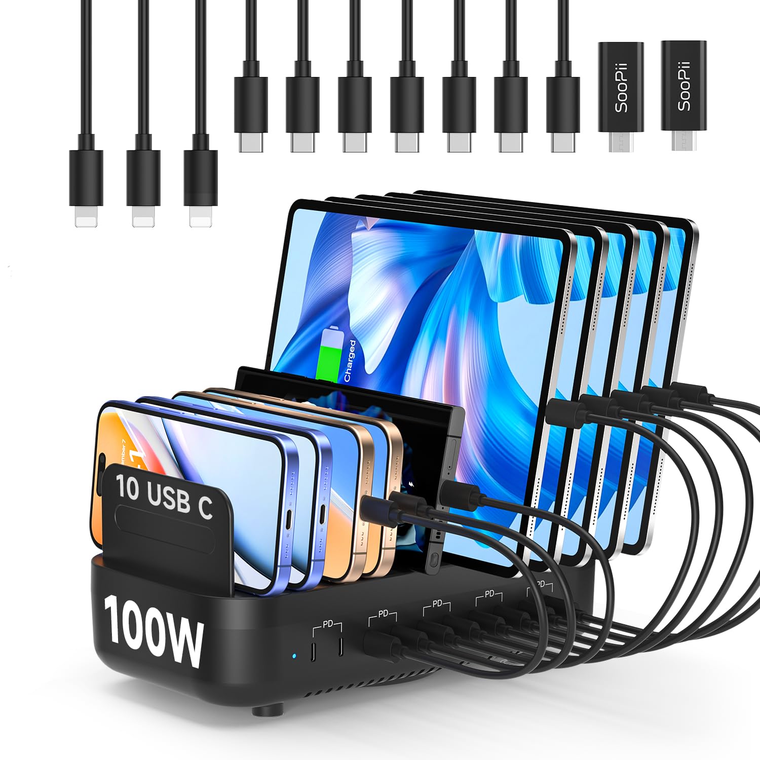 SooPii Stazione di ricarica multipla,100W,10 porte,tipo C,stazione di ricarica rapida per più dispositivi con 10 cavi USB C e divisori regolabili,compatibile con telefono,tablet,Kindle e altro(Nero)