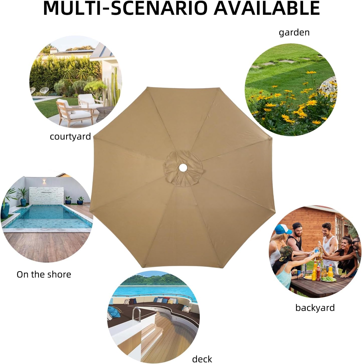Replacement Parasol canopy for 9ft, Patio Parasol 9 ft Replacement Canopy, Outdoor replacement parasol cover surface polyester UV blocking (Khaki, 8 ribs)