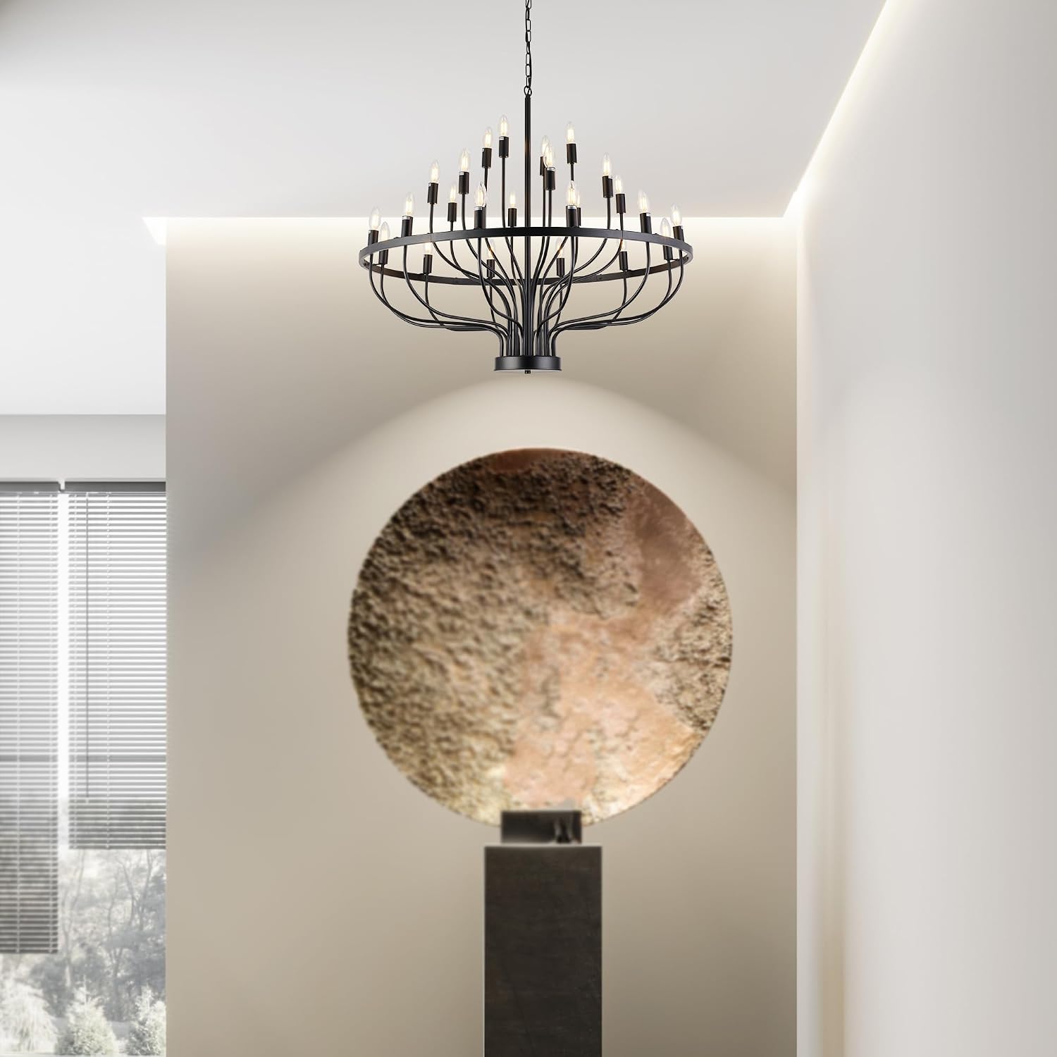 XILICON Black Larger Chandelier 24 Lights Industrial Vintage Ceiling Hanging Light Fixture Modern Candle Industrial Round Iron Chandeliers Wagon Wheel Chandelier Lighting for Dining Room Living Room
