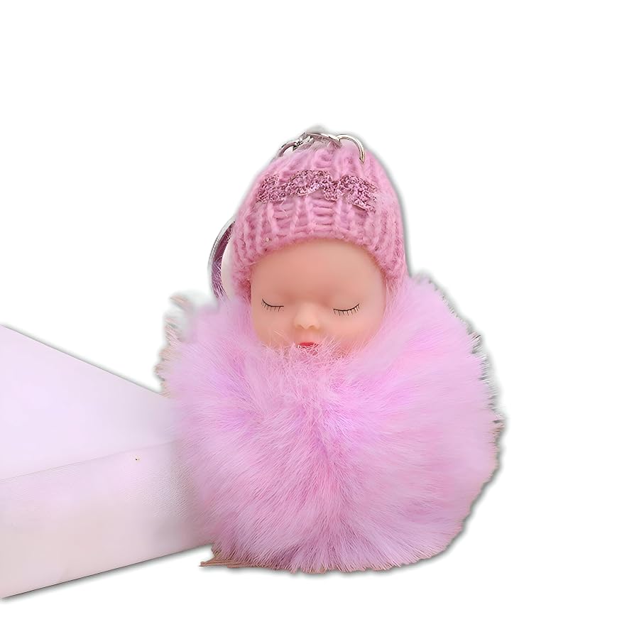 Miniature Sleepy Plush - Cute pink pom-pom sleeping baby doll keychain with a knit hat embroidered “Sweet Dreams”, perfect as a bag accessory, keyring charm, or pendant for toddlers. (1model yellow)