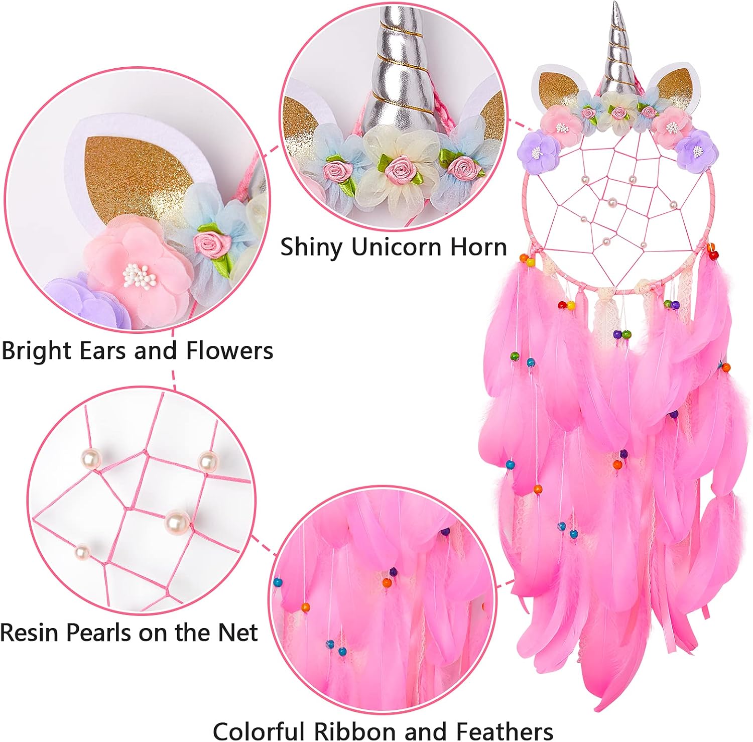 Basumee Unicorn Dream Catcher Wall Decor Cute Feather Dreamcatcher Wall Hanging for Bedrooms Party, Light Pink