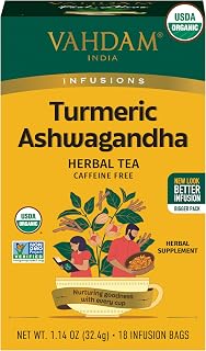 VAHDAM, Organic Turmeric Ashwagandha Herbal Tea Bags (18 Count) Caffeine Free, Gluten Free | 100% Pure Herbal Blend - Sweet & Earthy | Eco-Friendly Individually Wrapped Tea Bags | Direct From Source