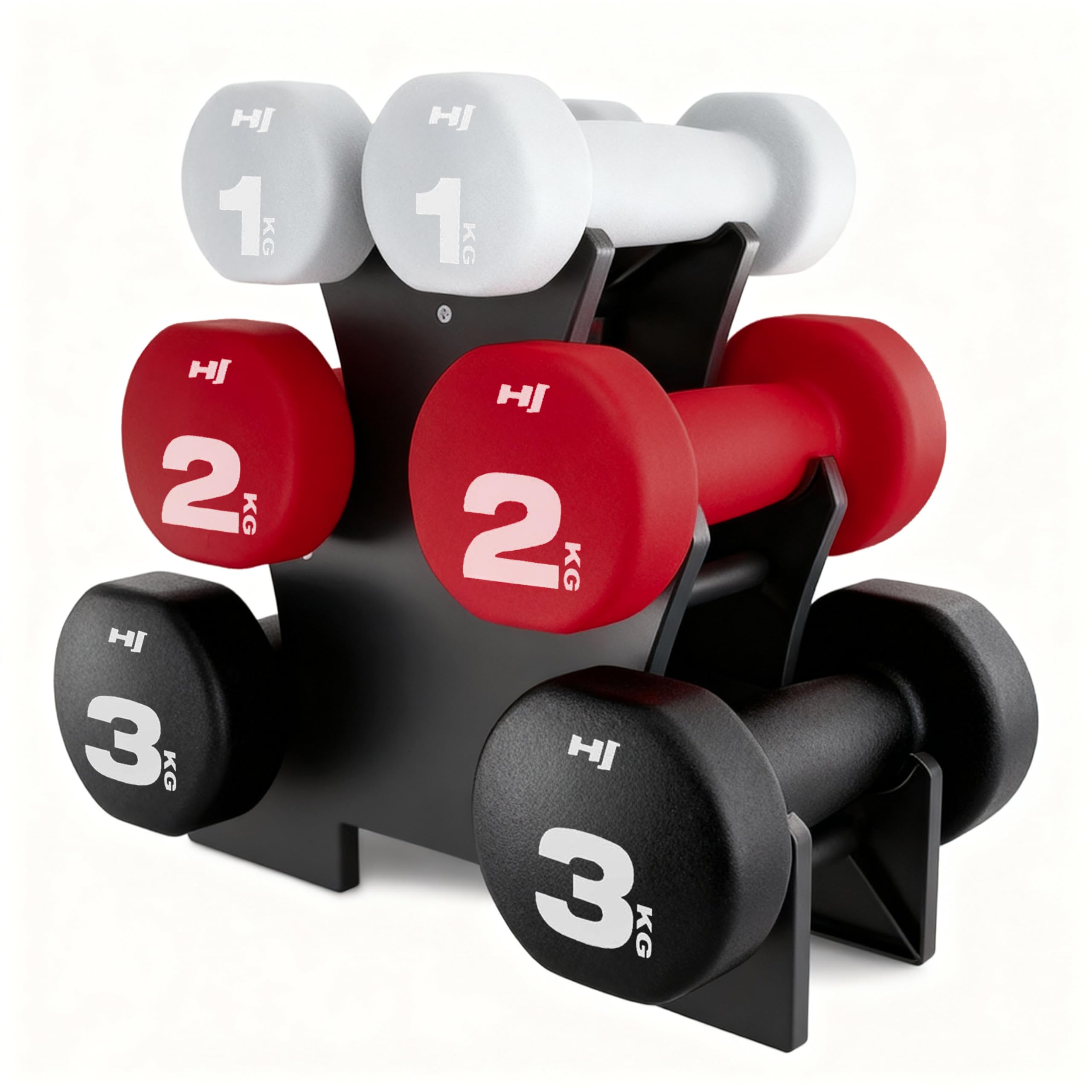 Hop-Sport Hanteln Set, Kurzhanteln 2 x 1 kg, 2 x 2 kg, 2 x 3 kg mit Ständer, Neopren Fitnesshanteln aus Gusseisen, rutschfest für Frauen und Männer, Home Gym, Krafttraining und Pilates
