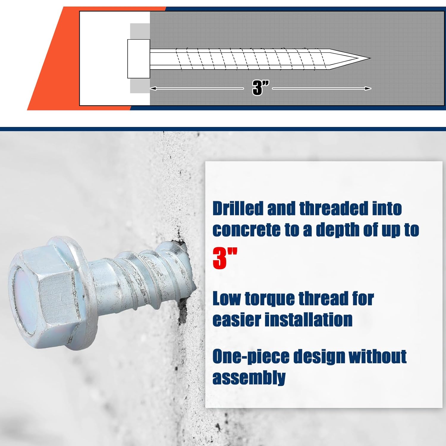 Tandefio 40 Pack 1/2" x 3" Concrete Screw Anchor Galvanized Large Diameter Heavy Duty Plated Concrete Anchors for Masonry Brick Anchoring Block Decking Framing Hex Drive