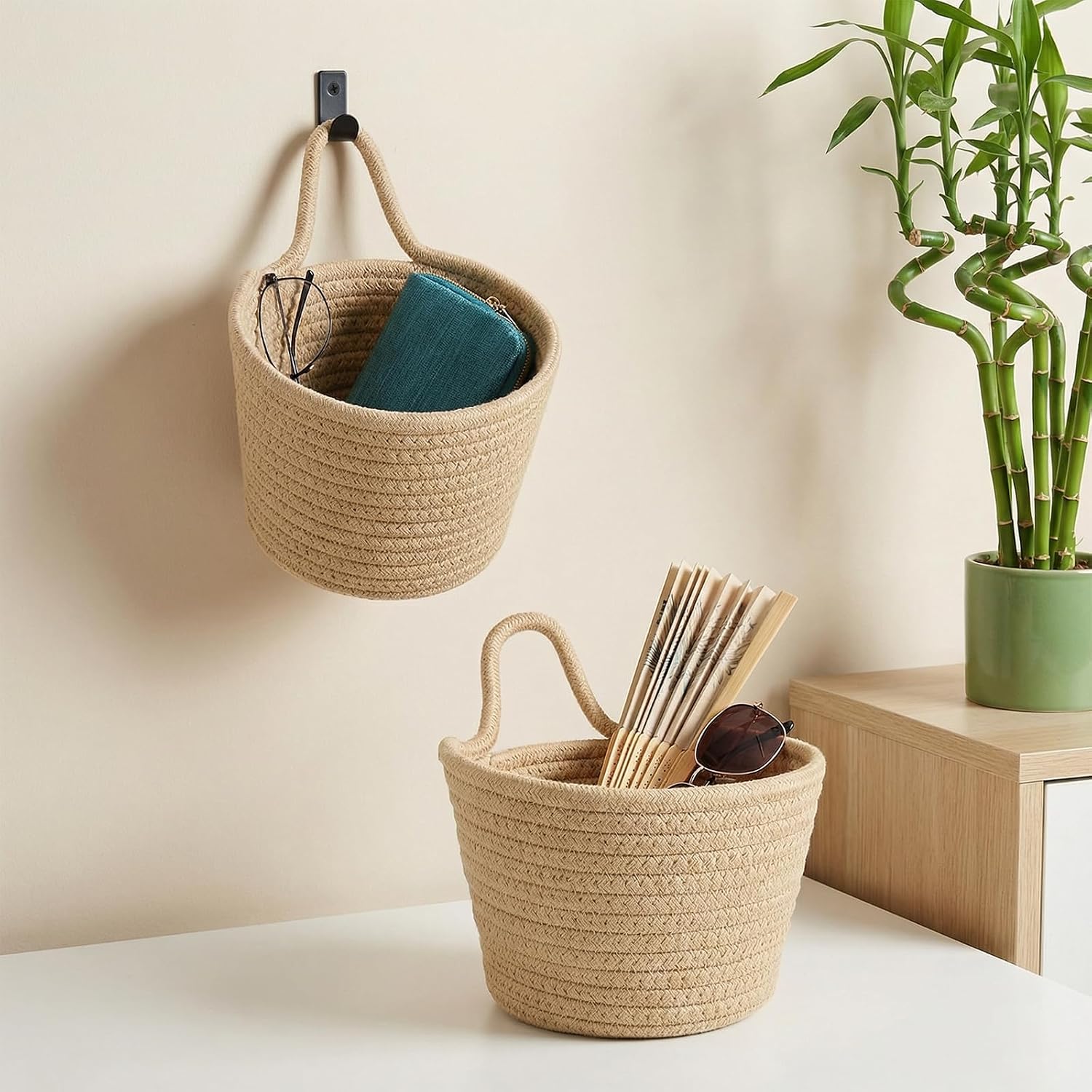 4 Pack Fabric Wall Hanging Baskets,Woven Storage Organizers Storage Organizers and Decoration Pocket Boho Style Wall Mounted Pouches for Organizing Fruits, Veggies, Snacks, Farmhouse