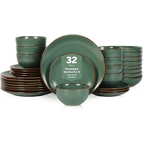 Stone Lain Brasa Modern Stoneware 32 Piece Dinnerware Sets, Plates and bowls Sets, Dish Set for 8, Green