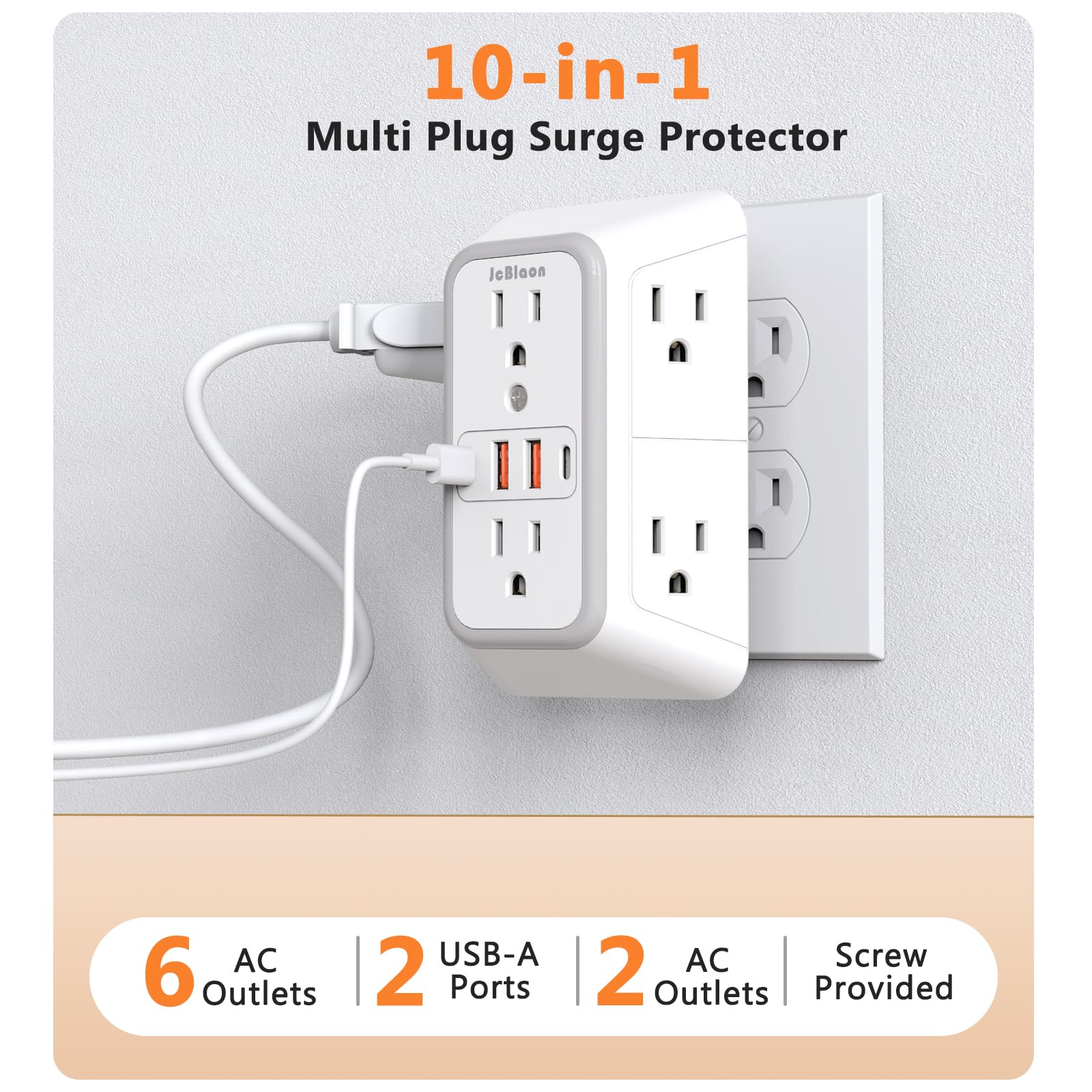 USB Wall Charger Power Strip Surge Protector with 4 USB Ports (2 USB C) Plug Extension Multiple Outlets Plug Extension Multi Outlet Plug in Adapter Spaced Outlets for Home Office Travel,White (Black)