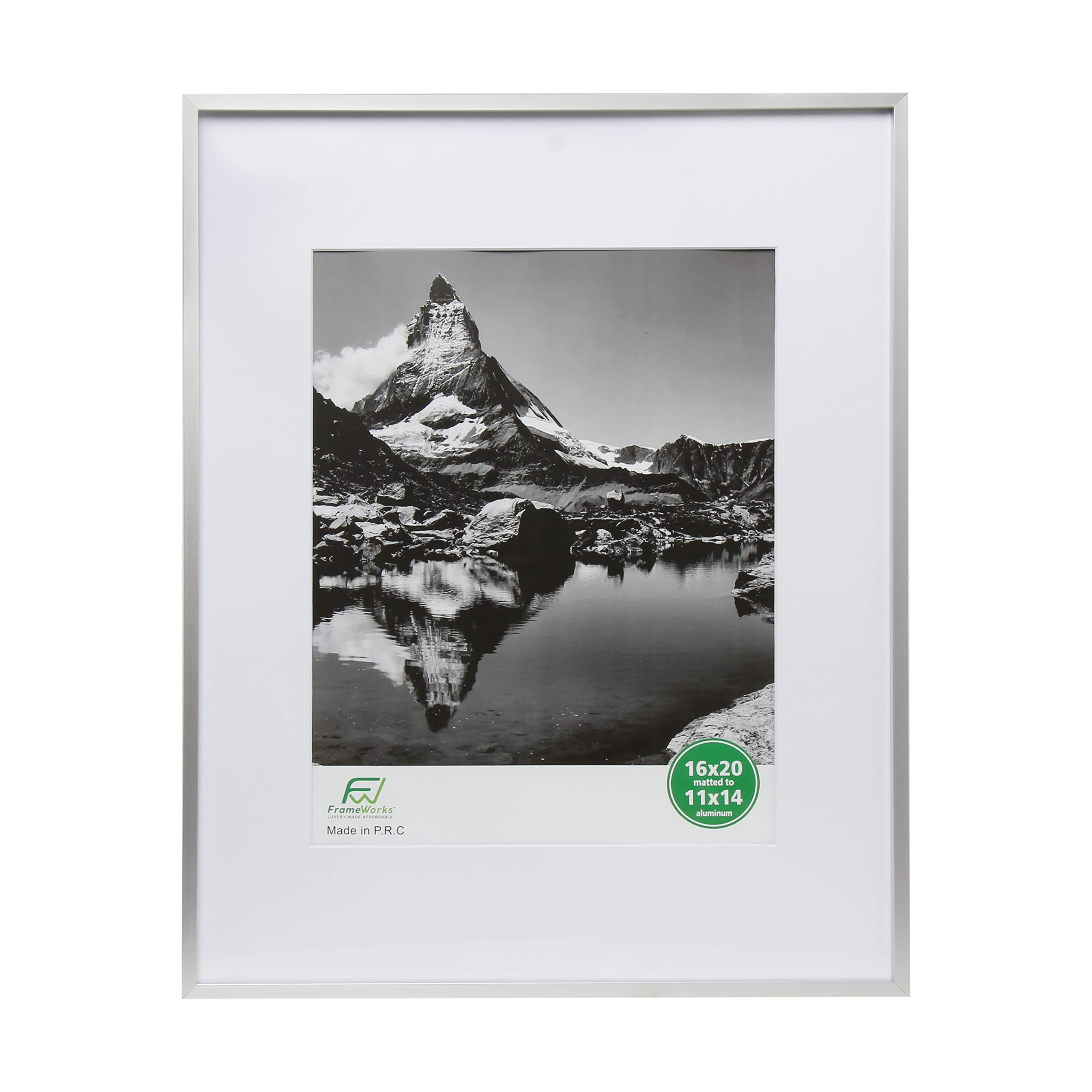 FrameWorks 16�x20� Matted to 11�x14� – Deluxe Silver Aluminum Contemporary Picture Frame with Tempered Glass and Removable Mat