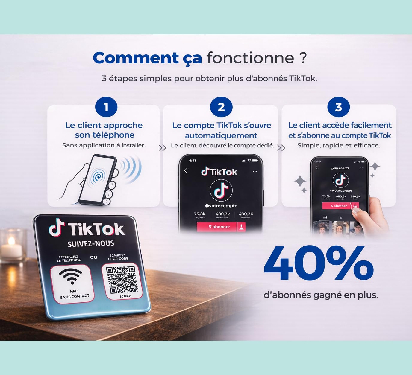 Plaques TikTok NFC et QR Code 12x12cm - Boostez votre présence en ligne