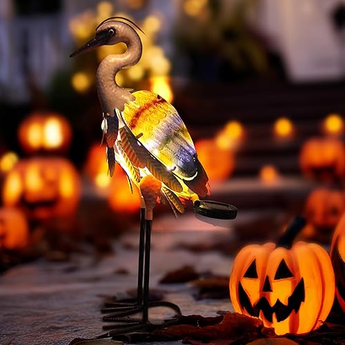 Miniatura 2 de HONGLAND Estatua de grúa de metal de garza solar, escultura de garza de jardín, grúa de cristal al aire libre, decoración de pájaro costero del