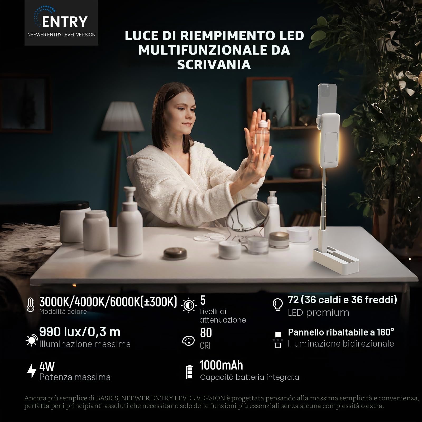 NEEWER ENTRY LEVEL VERSION Supporto Telefono da Tavolo Overhead con Luce LED/Telecomando/Porta Cellulare per Selfie Streaming Video, 4W 990lx/0,3m 3 Modalità CRI80 1000mAh Ricaricabile Portatile, V10