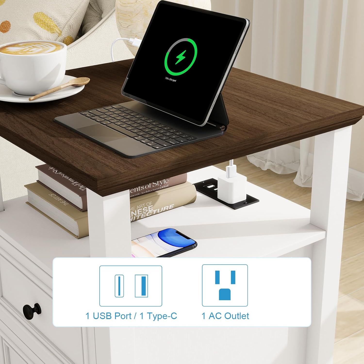 Vipbear Farmhouse Nightstand 18" White End Table with Charging Station & 2 Drawers, Rustic Bedside Table with Storage Shelf for Bedroom, Living Room,18.1" D x 18.1" W x 24.2" H, Set of 2