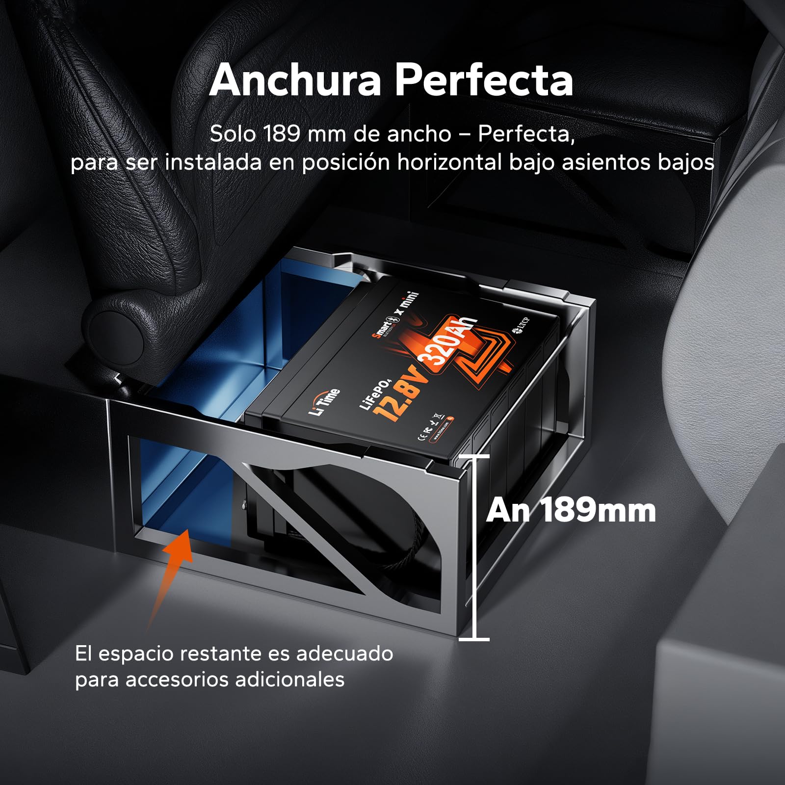 Litime Bateria LiFePO4 12V 320Ah Mini con BMS 200A y Protección por Baja Temperatura, Batería Litio 12V 4096Wh Energía, 189mm de Ancho para Autocaravana, Camper, Barco y Off-Grid
