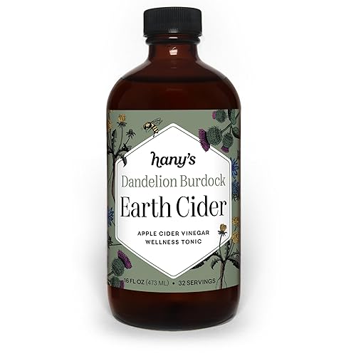 Hany's Harvest Dandelion Bardana Earth Cider - 16 onzas líquidas | Tónico de bienestar totalmente natural, vinagre de sidra de manzana, sin OMG, sin