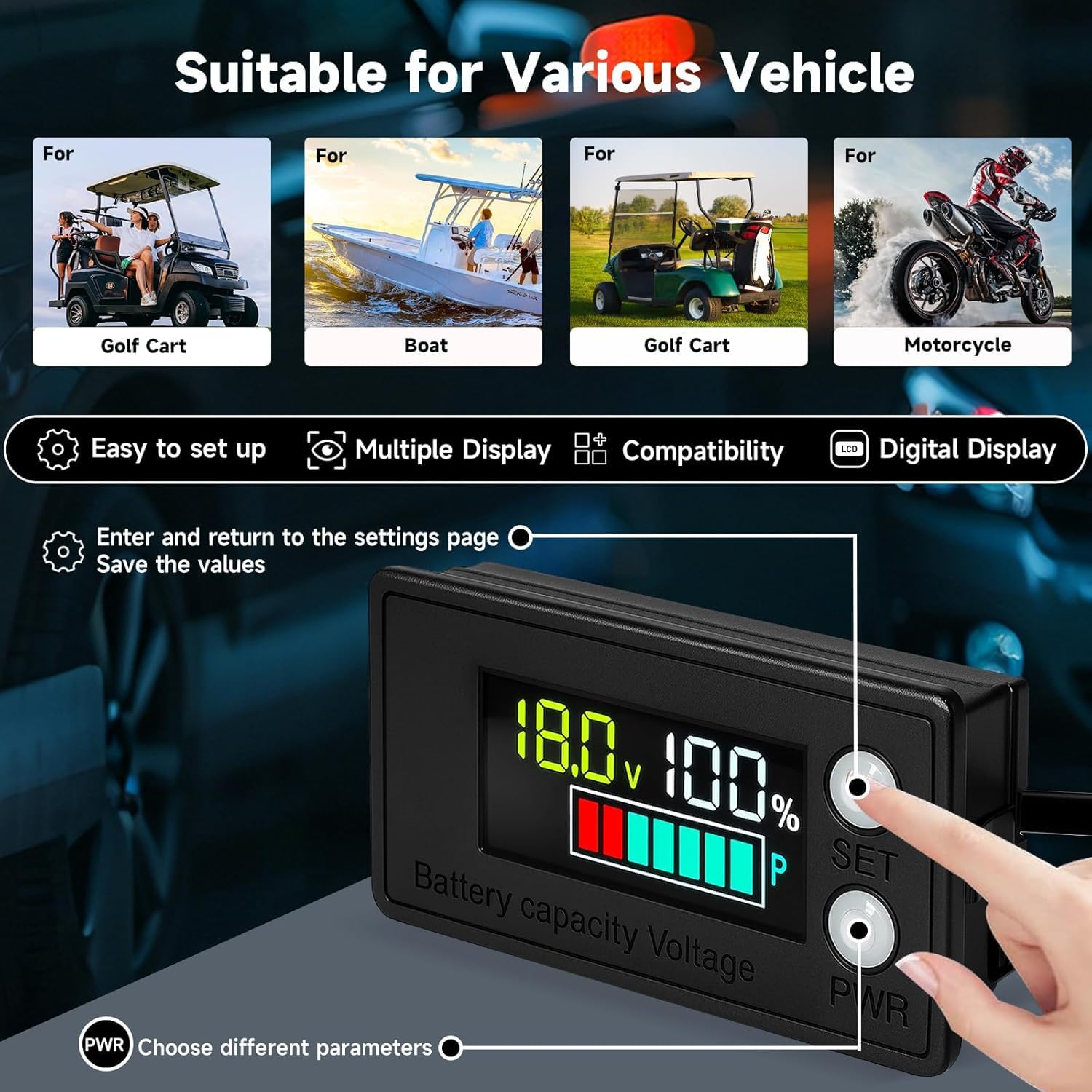 Led Battery Monitor Lithium Lead Acid Battery Monitor Waterproof Battery Capacity Voltage ...