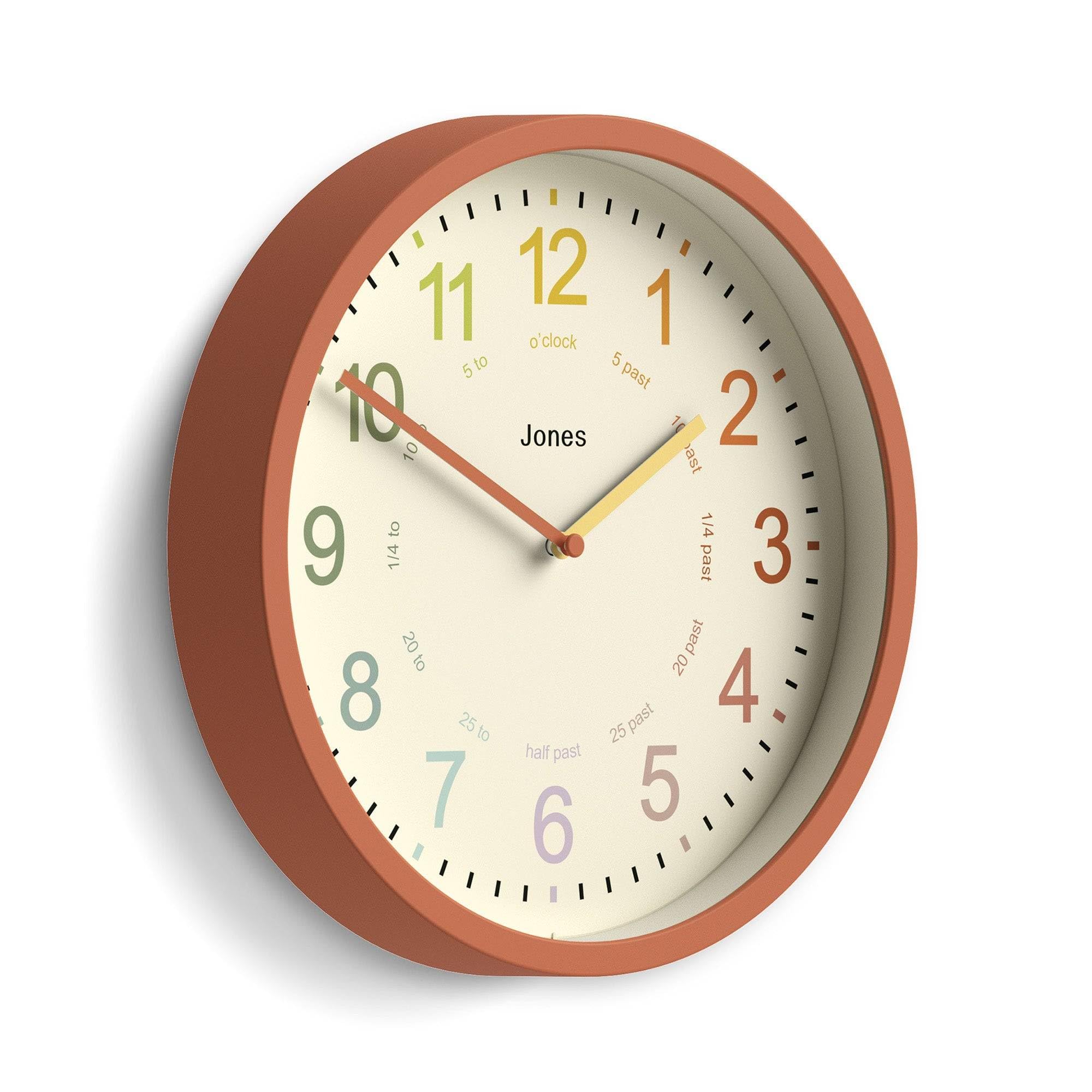 Jones Clocks Terracotta Orange Jones Clocks® Kids Wall Clock | Small Modern Children’s Nursery Clock | 25Cm | | Colourful Dial For Learning To Tell The Time