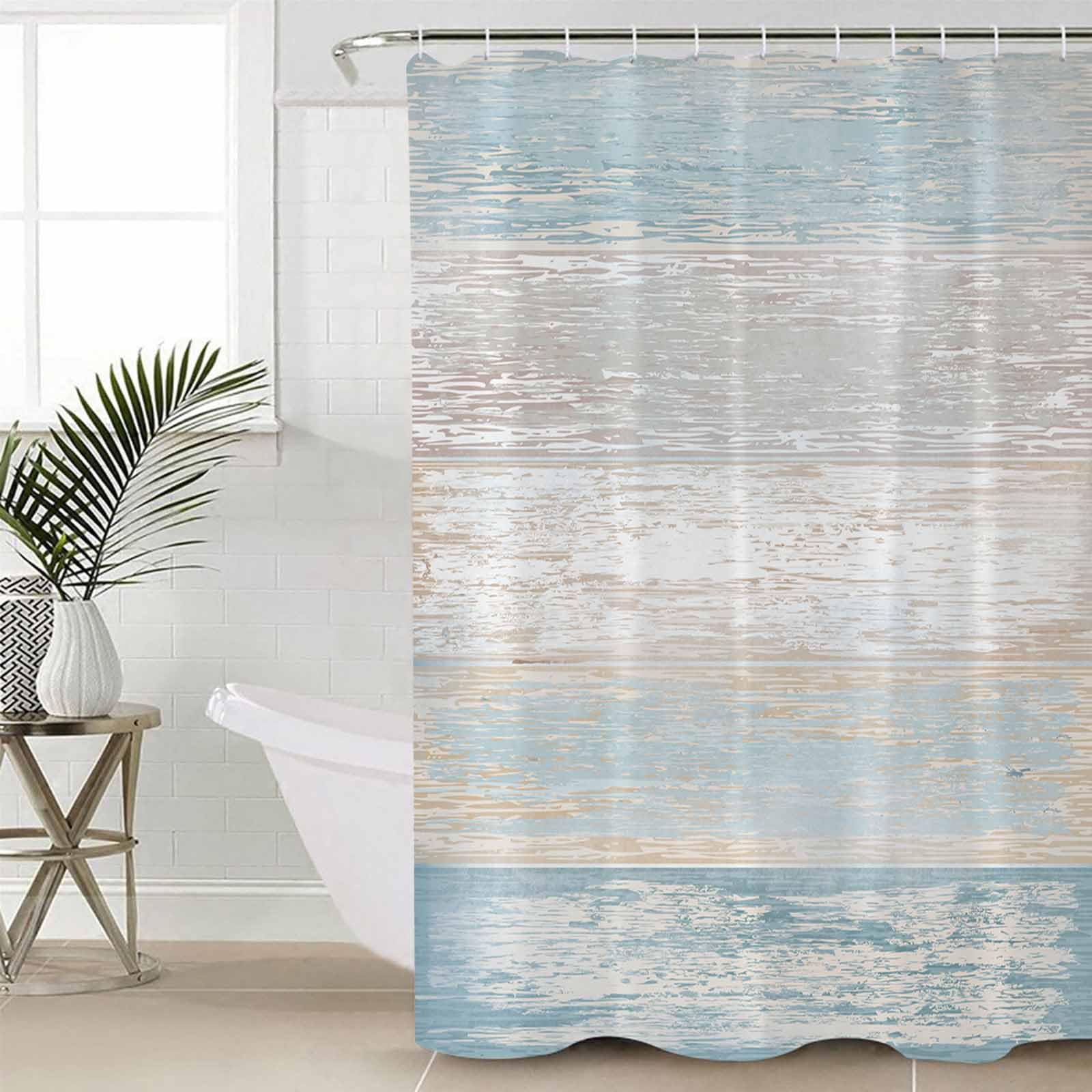 Huotupsine Blue Beige Farmhouse Shower Curtain Set - 66" x 72" Washable Bathtub Curtain with 12 Hooks, Vintage Wooden Striped Waterproof Fabric Stall