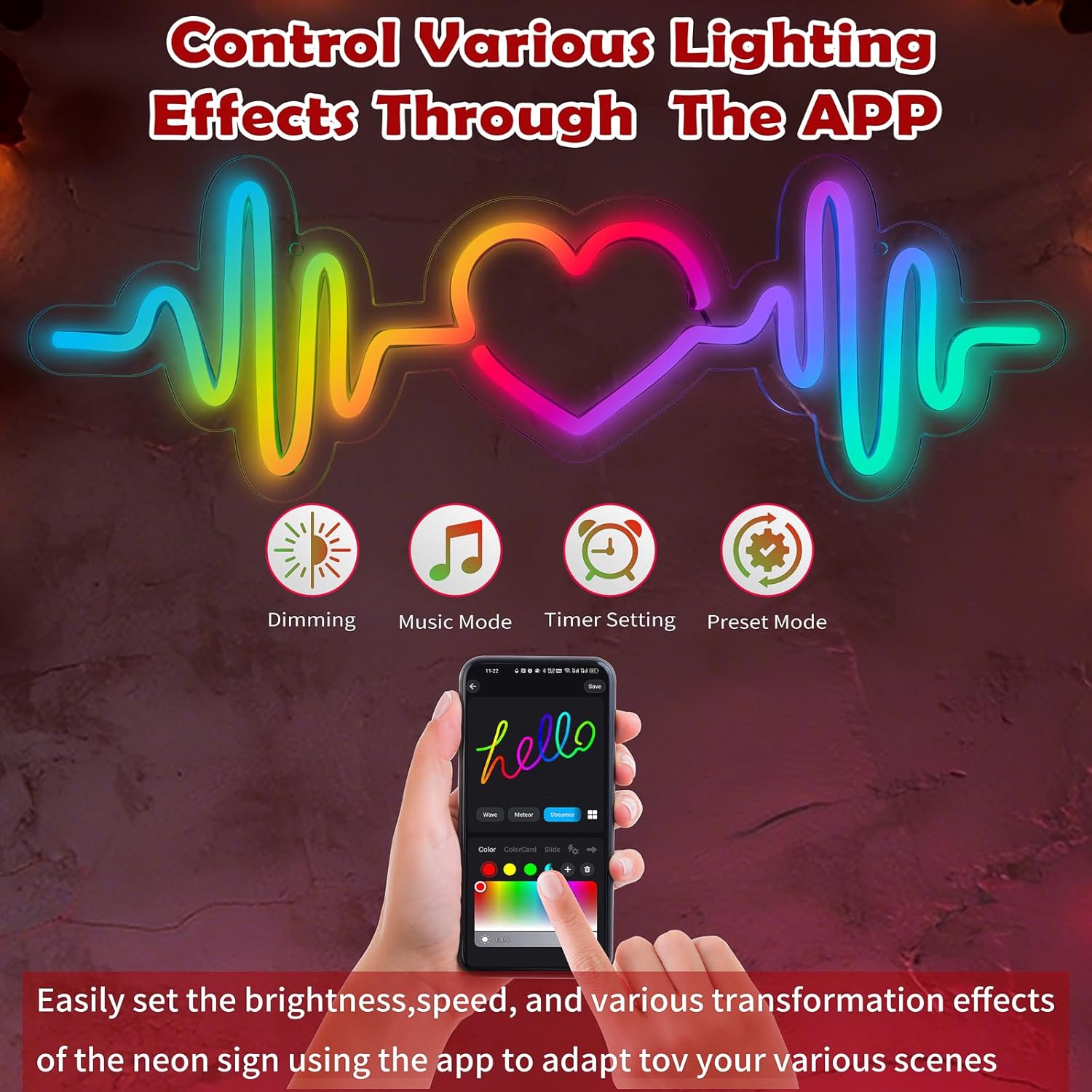 MissAudrey Heartbeat Neon Sign with Remote Control, LED Neon Sign for Wall Decor, Custom RGB Adjustment ECG Heart Lights, Light Up Signs for Bedroom Wedding Party Birthday Mother's Day Decorations