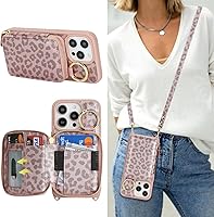 Vista 21 de Funda tipo cartera con bandolera para iPhone 15 Pro Max, funda de piel sintética con cierre de cremallera, funda tipo atril con ranuras para Oro Rosa