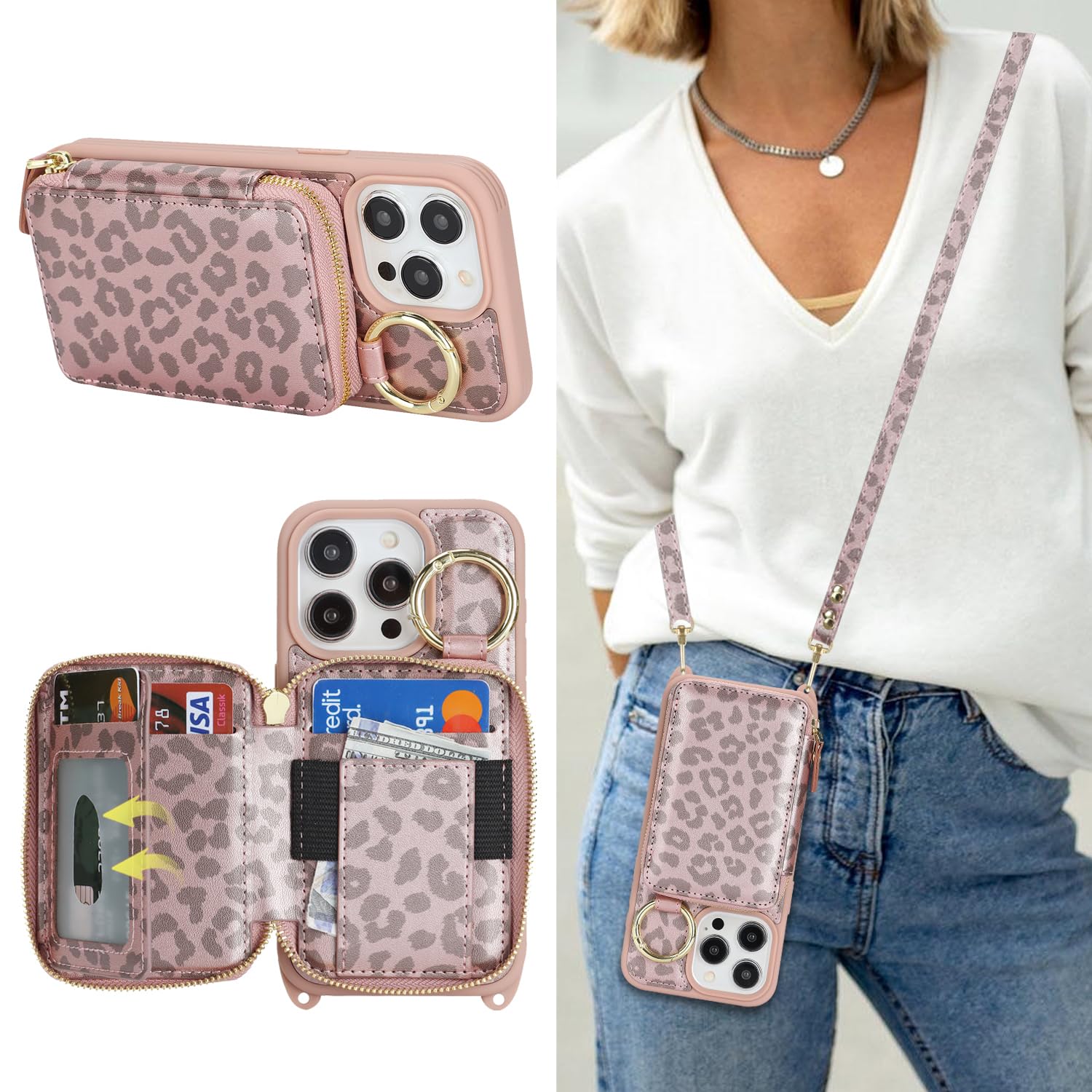 Crossbody Wallet Case for iPhone 13 Pro-Pink Leopard