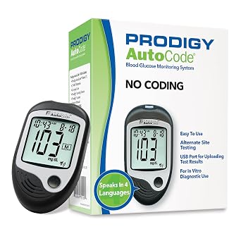 PRODIGY AutoCode Blood Glucose Monitoring System, Talking Meter, No Coding, Adjustable Depth Lancing Device, Twist Top Lancets 28G 10ct, Carrying Case, Quick Reference Guide, Owners Manual