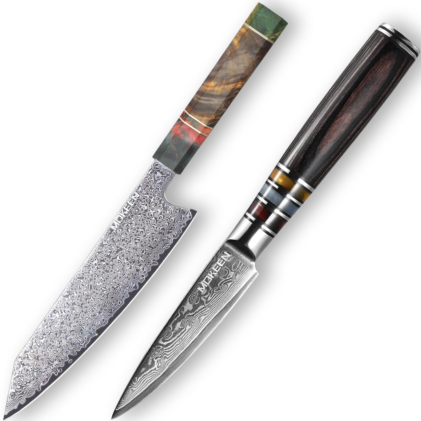 MOKEEN Damascus Paring Knife 3.5 Inch and Damascus Gyuto Knife 8 Inch, Ultra Sharp, Wood Resin Handle, Full tang, Gift Box
