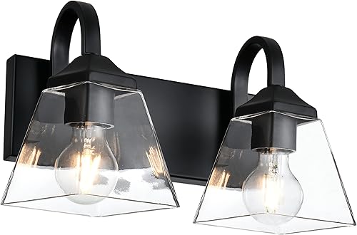 Lámpara de pared de 2 luces, luces negras de tocador de baño con pantalla de vidrio transparente, lámparas de pared de metal vintage para tocador,