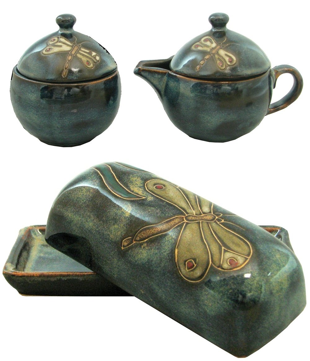 Mara Stoneware Collectible Sugar Bowl-Creamer-Butter Dish Set - Mexican Pottery -Blue Dragonfly Design