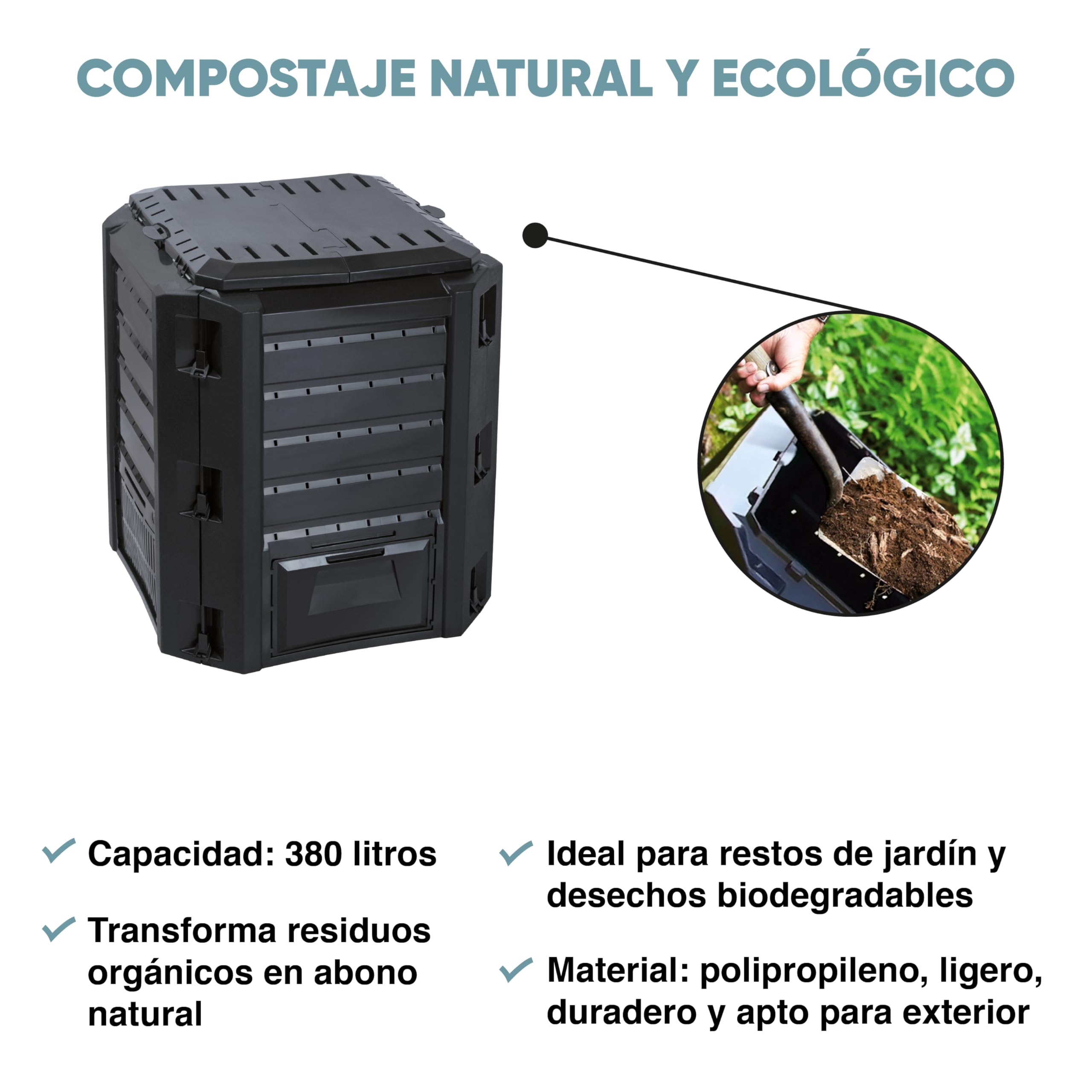 KG KITGARDEN - Compostador de Jardín con Capacidad de 380L, Eco Friendly, 82.6x71.9x71.9cm, Negro