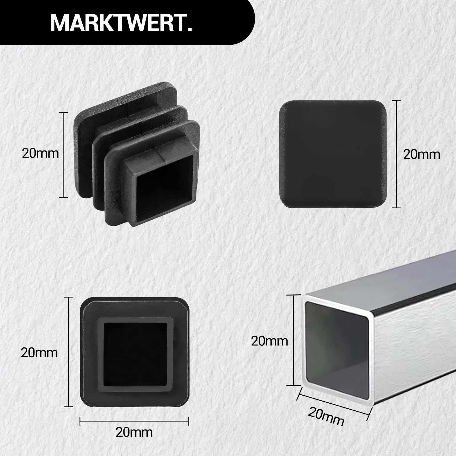 36 Tapones De Láminas De 20 X 20 Mm, Tubo Cuadrado Negro