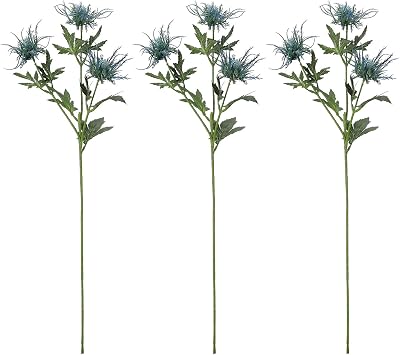 3PCS Blue Artificial Thistle Flowers Bouquet 26 Inch Faux Plant Thistle Floral Branches Spray Eryngium Foetidum Thistle Bunches Plants Fake Sea Holly Thorn Celery Long Stem for Home WeddingBlue