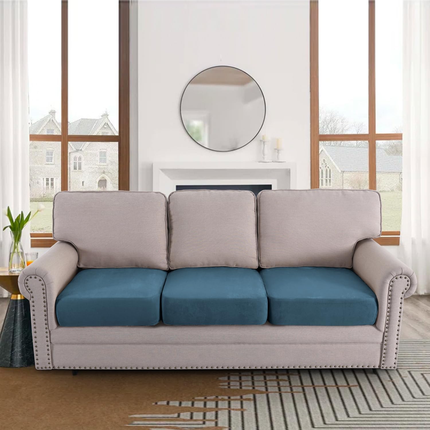 H.VERSAILTEX Individual Couch Seat Covers Stretch Couch Cover Soft Suede Sofa Cushion Covers Sectional Couch Cover Washable(3 Piece Sofa Cover,Stone Blue)