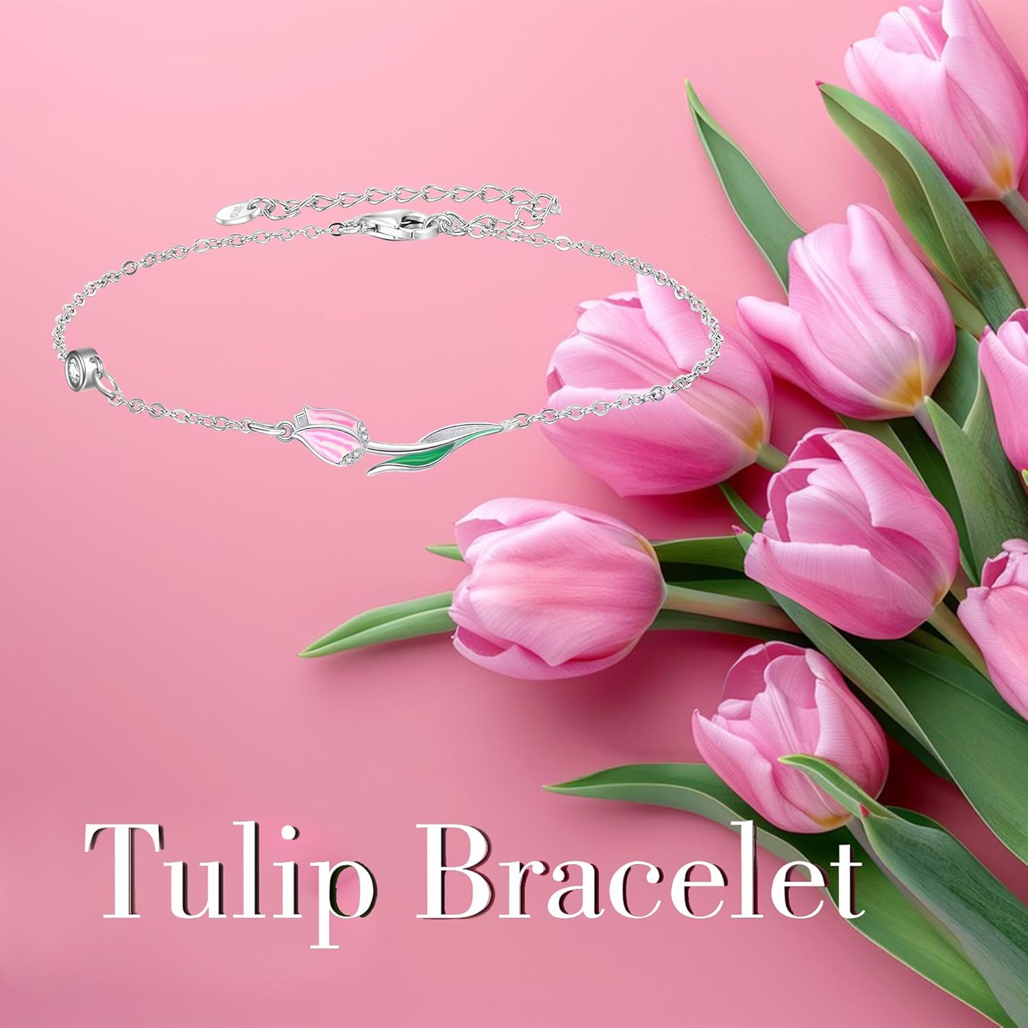 ONEFINITY Tulip Bracelet 925 Sterling Silver Pink Tulip Bracelets Flower Tulipan Floral Jewelry Gifts for Women